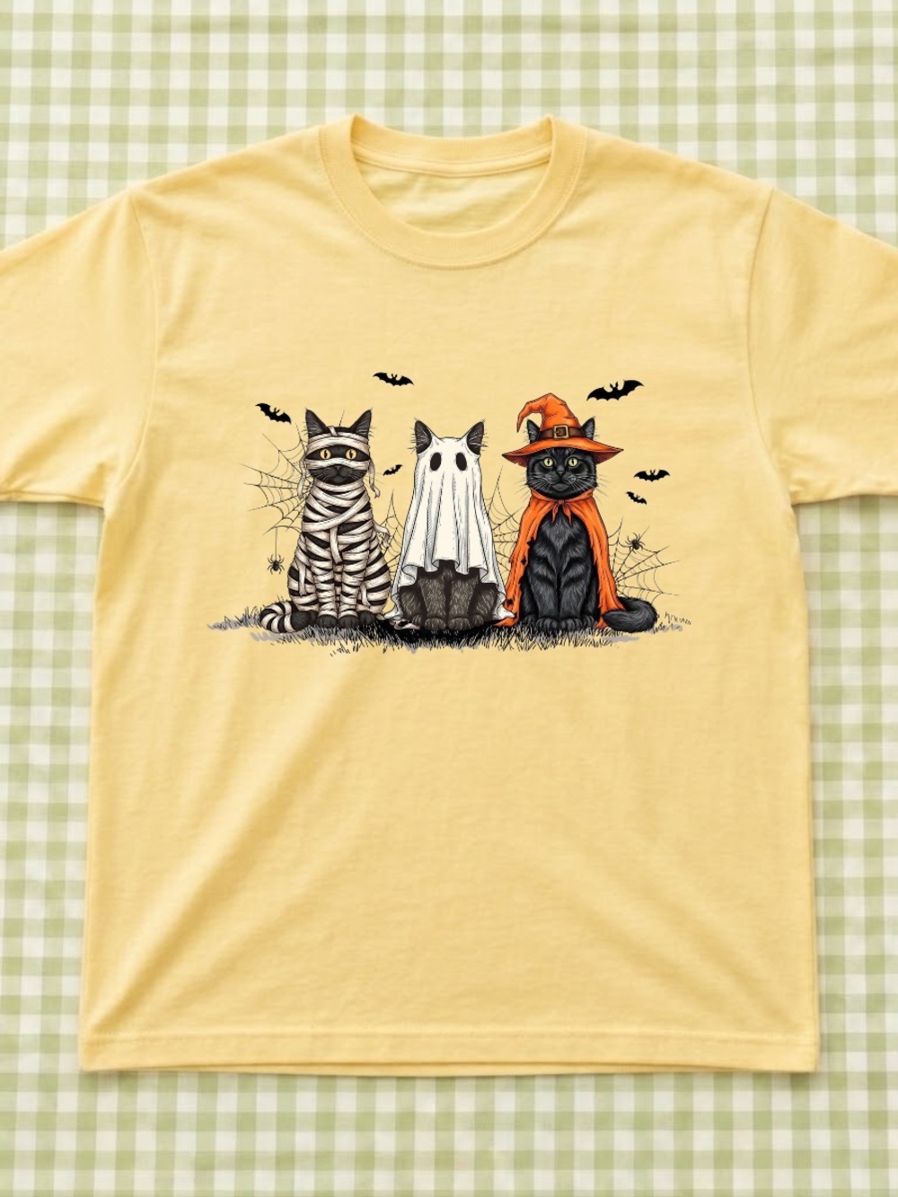 Yellow Halloween Cats Ghost Graphic Tee - Vintage Retro Style Gift For Festival
